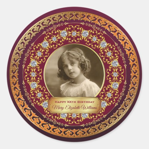 Photo Gold Copper Commemorative Diamonds Burgundy Classic Round Sticker