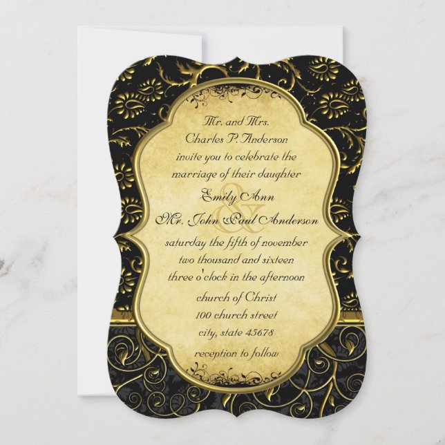 Photo Gold Damask Swirls Wedding Invitation (Front)