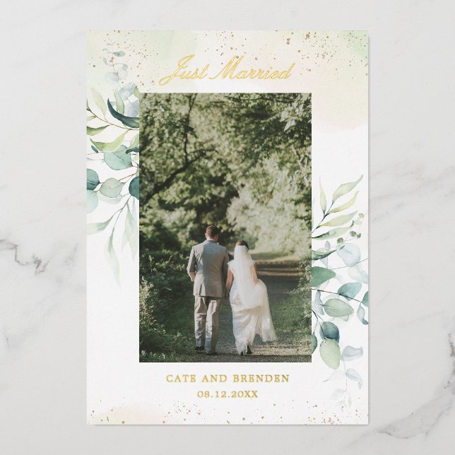 Photo Gold Eucalyptus Rustic Wedding Reception Foil Invitation (Front)
