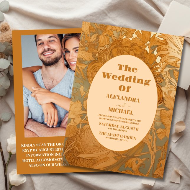 Photo Gold Floral Art Nouveau Wedding Invitation (Creator Uploaded)