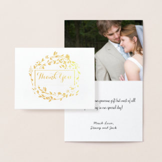 Photo Gold Foil Floral Wreath Wedding Thank You Card