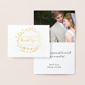 Photo Gold Foil Leaf Wreath Wedding Thank You Card