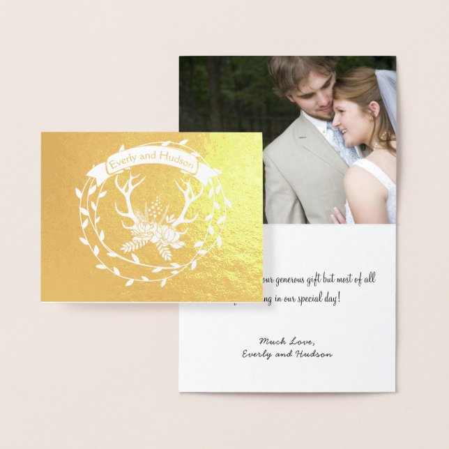 Photo Gold Foil Wreath Antlers Wedding Thank You Card (Display)