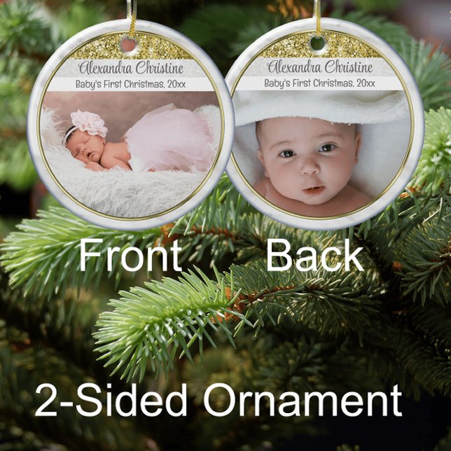 Photo Gold Frame Double Sided 2 Picture Baby First Ceramic Ornament (Creator Uploaded)