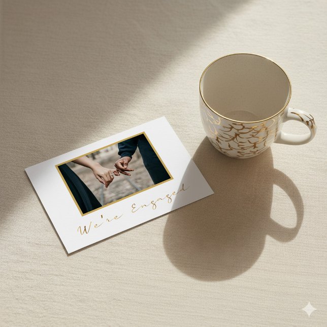Photo gold frame engaged announcement party card (Photo gold frame engaged announcement party card.)