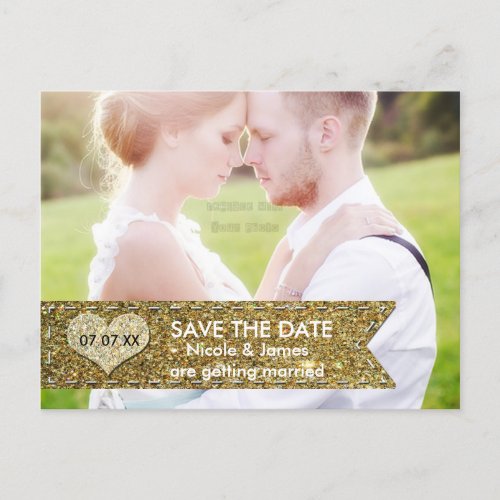 PHOTO Gold Glitter Banner SAVE THE DATE Postcard