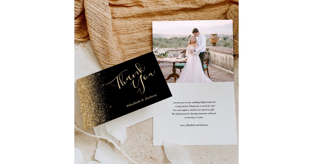 Photo Gold Glitter Black Wedding Thank You Card | Zazzle