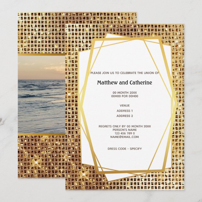 Photo gold glitter geometric frame DIY budget Invitation (Front/Back)