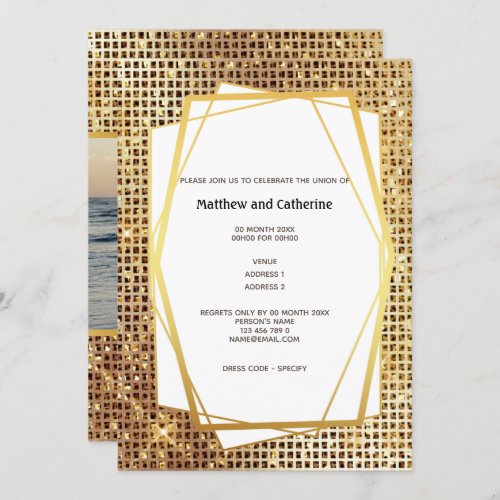 Photo gold glitter geometric frame DIY budget Invitation