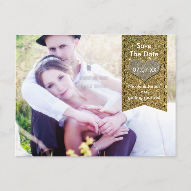 PHOTO Gold GLITTER heart SAVE THE DATE Postcard (Front)