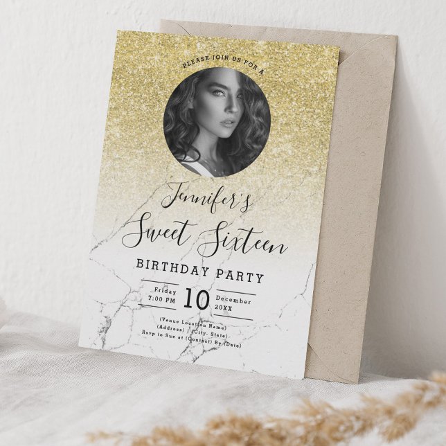 PHOTO Gold Glitter Marble Sweet 16 Party Invitation (PHOTO Gold Glitter Marble Sweet 16 Party Invitation)