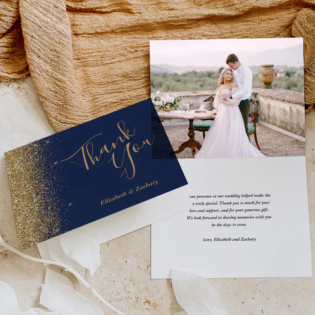 Photo Gold Glitter Navy Blue Wedding Thank You Card | Zazzle