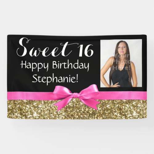 Photo Gold Glitter Pink Sweet 16 Birthday Party Banner