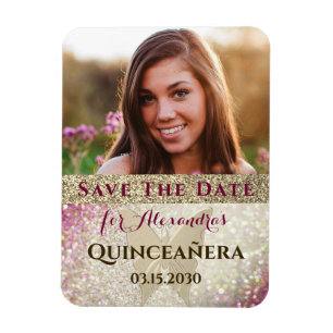 Photo Gold Glitter Quinceañera Save Date Magnet