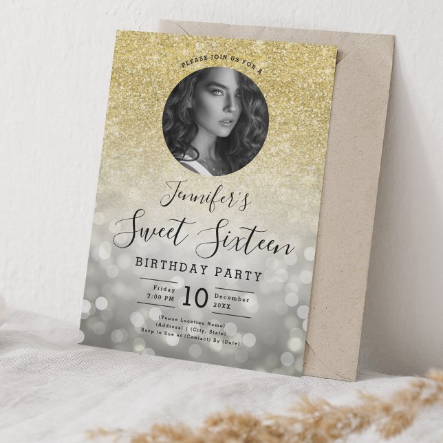 PHOTO Gold Glitter Silver Bokeh Lights Sweet 16  Invitation (PHOTO Gold Glitter Silver Bokeh Lights Sweet 16 Invitation)