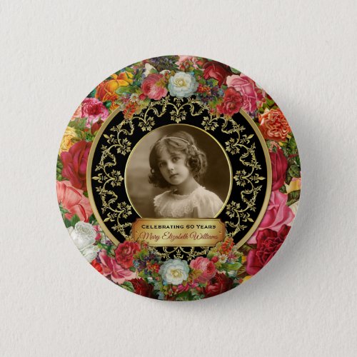 Photo Gold Gorgeous Roses Commemorative Black Onyx Button