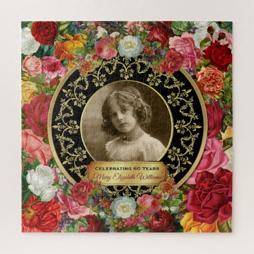 Photo Gold Gorgeous Roses Commemorative Black Onyx Jigsaw Puzzle