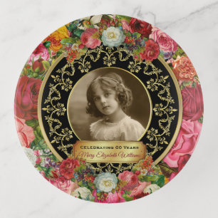 Photo Gold Gorgeous Roses Commemorative Black Onyx Trinket Tray