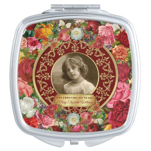 Photo Gold Gorgeous Roses Commemorative Burgundy Compact Mirror