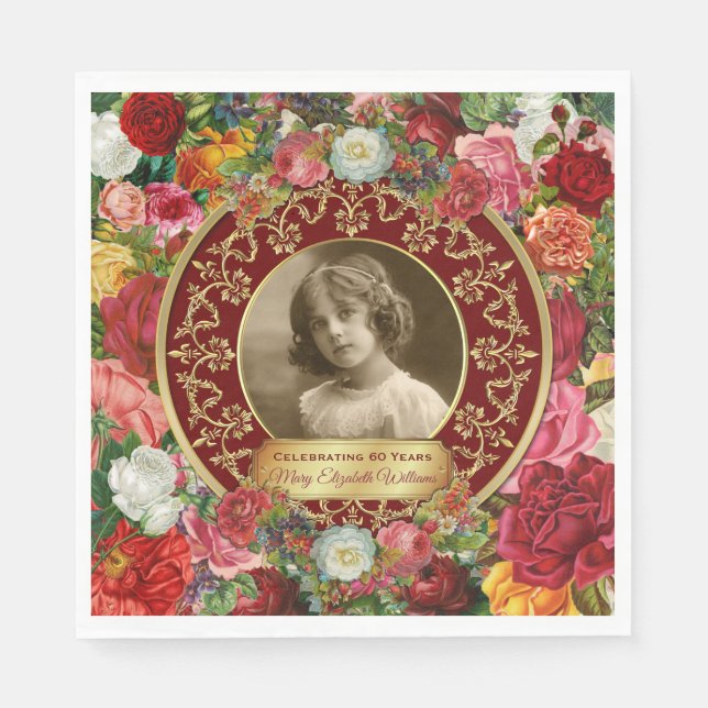 Photo Gold Gorgeous Roses Commemorative Burgundy Napkins (Front)