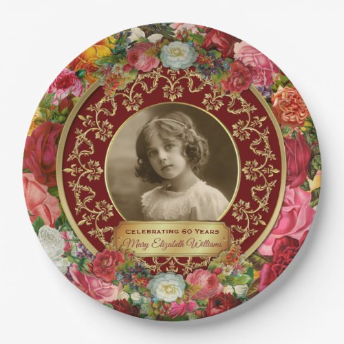 Photo Gold Gorgeous Roses Commemorative Burgundy Paper Plates