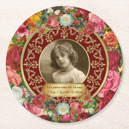 Photo Gold Gorgeous Roses Commemorative Burgundy Round Paper Coaster