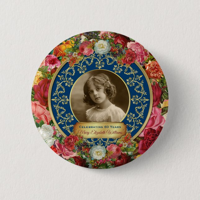 Photo Gold Gorgeous Roses Commemorative Dark Blue Button (Front)