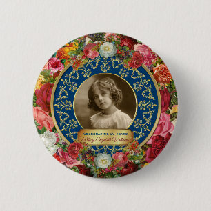 Photo Gold Gorgeous Roses Commemorative Dark Blue Button