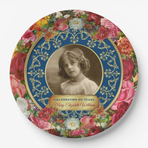 Photo Gold Gorgeous Roses Commemorative Dark Blue Paper Plates