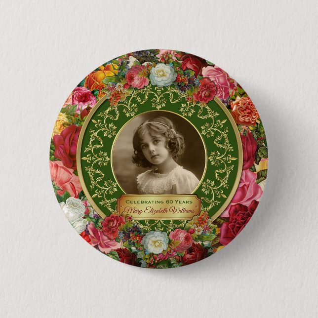 Photo Gold Gorgeous Roses Commemorative Dark Green Button (Front)