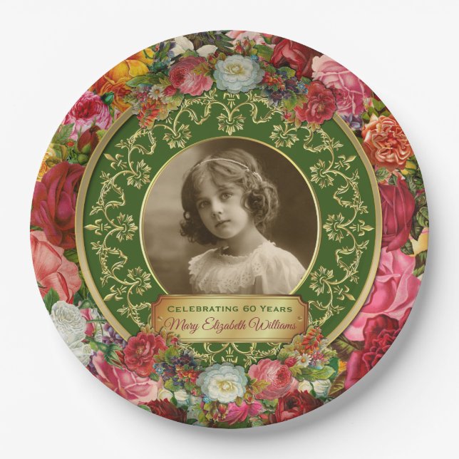 Photo Gold Gorgeous Roses Commemorative Dark Green Paper Plates (Front)