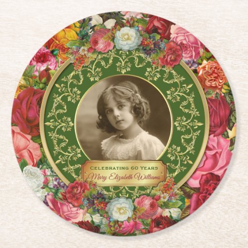 Photo Gold Gorgeous Roses Commemorative Dark Green Round Paper Coaster