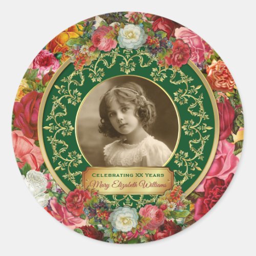 Photo Gold Gorgeous Roses Commemorative Green Classic Round Sticker