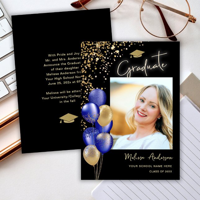 Photo Gold Graduate Navy Blue Balloon Announcement (Creator Uploaded)