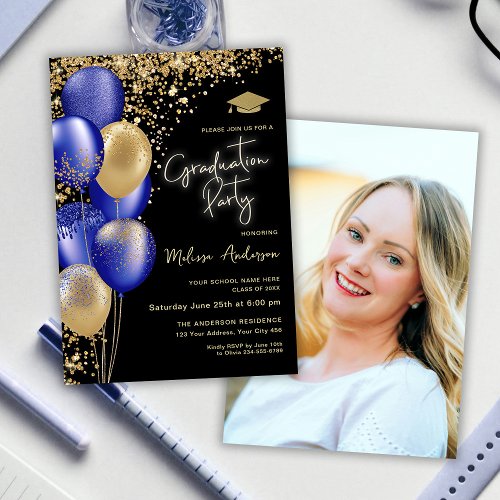 Photo Gold Graduation Party Navy Blue balloons Invitation