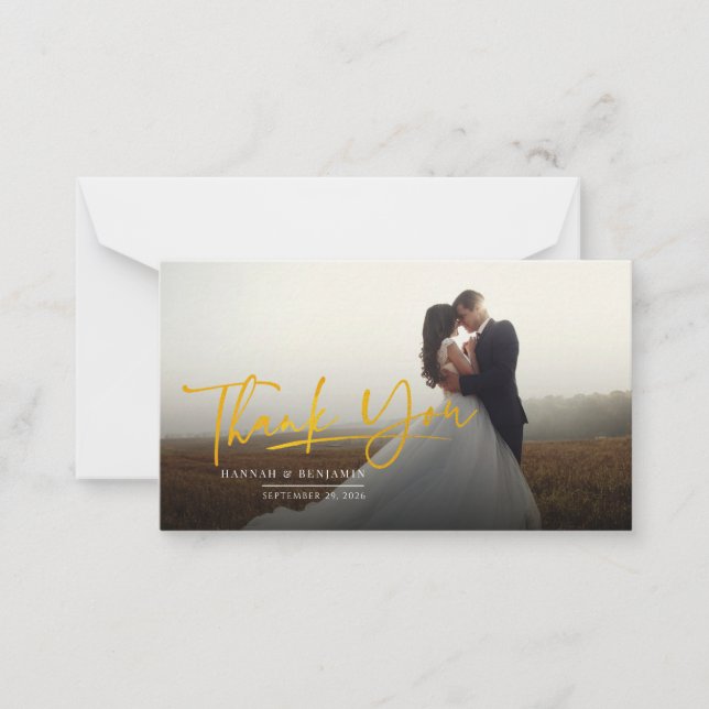 Photo Gold Hand-Lettered Wedding Thank You Note Card (Front)