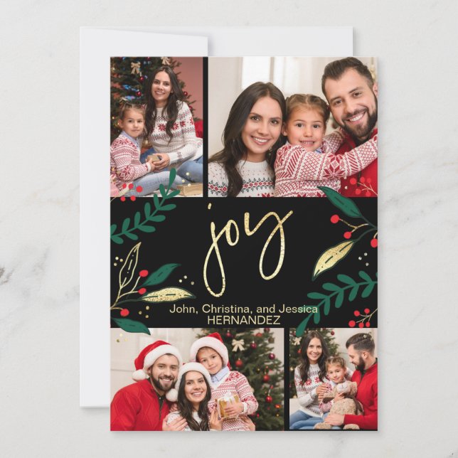 Photo Gold Joy on Black Christmas Greenery Holiday Card (Front)