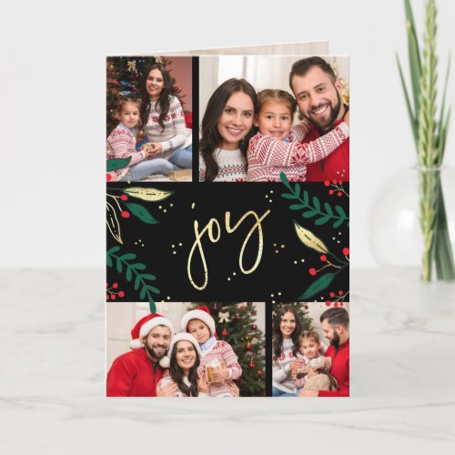 Photo Gold Joy on Black Christmas Greenery Modern Holiday Card