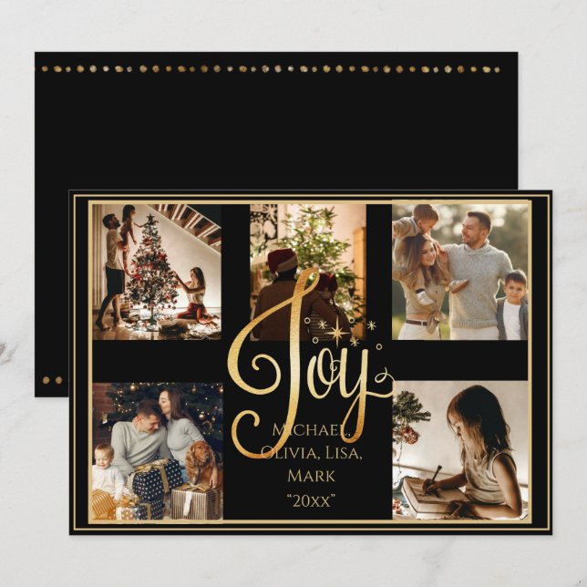 Photo Gold Joy Script Christmas Xmas Holiday Card (Front/Back)