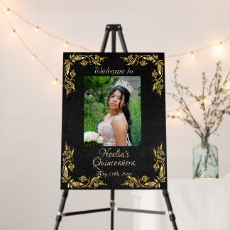 Photo & Gold Leaves Quinceanera Welcome - Black2 Foam Board