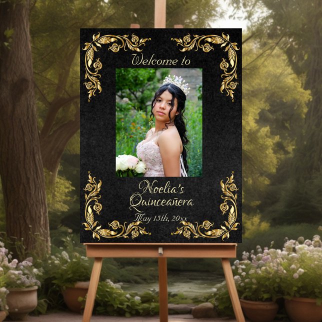 Photo & Gold Leaves Quinceanera Welcome - Black2 Foam Board (Creator Uploaded)