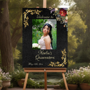 Photo & Gold Leaves Quinceanera Welcome - Black Foam Board