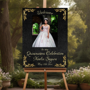 Photo & Gold Leaves Quinceanera Welcome - Black Foam Board