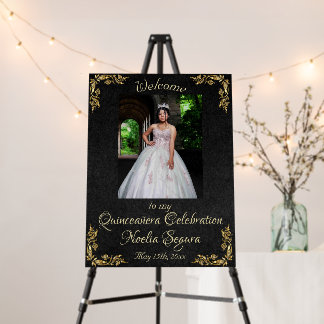 Photo & Gold Leaves Quinceanera Welcome - Black Foam Board