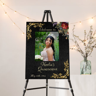 Photo & Gold Leaves Quinceanera Welcome - Black Foam Board