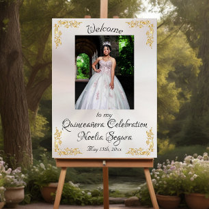 Photo & Gold Leaves Quinceanera Welcome - Pearl Foam Board