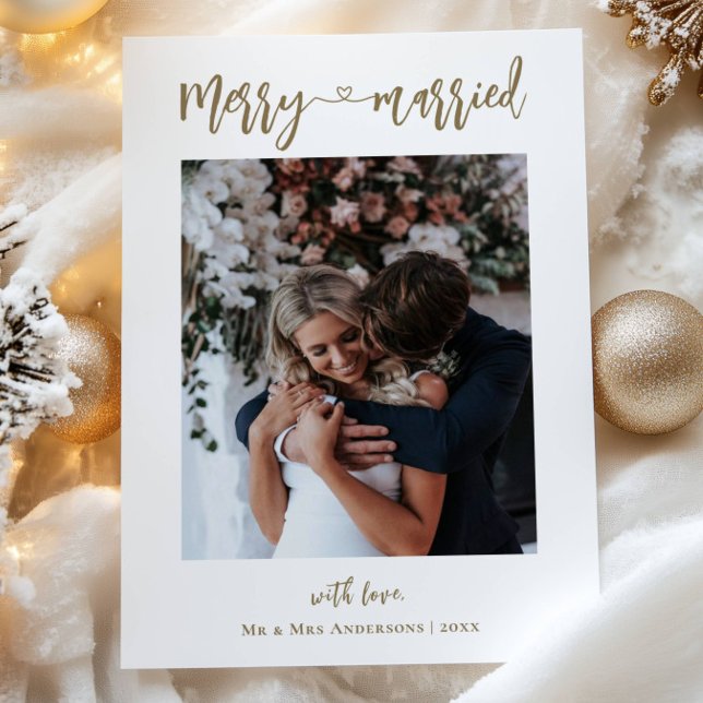 Photo Gold Merry & Married First Christmas Holiday Card (Creator Uploaded)