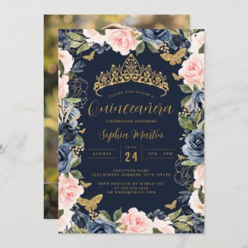 Photo Gold Navy Pink Floral Butterfly Quinceanera  Invitation by LittleBayleigh at Zazzle