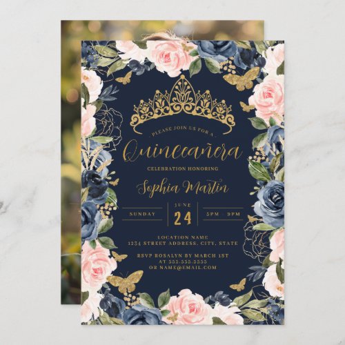 Photo Gold Navy Pink Floral Butterfly Quinceanera  Invitation