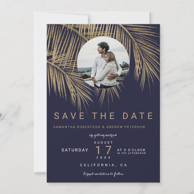 Photo gold palm tree navy blue save the date (Front)